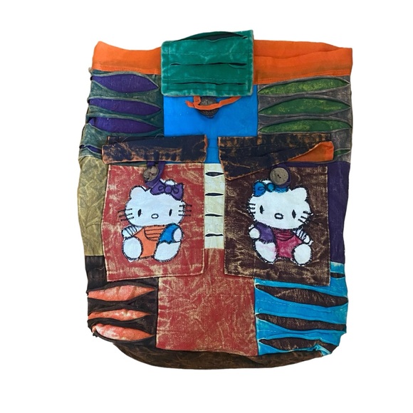 HELLO Kitty style burlap Kantha bohemian patchwork knapsack backpack Large - Picture 11 of 16